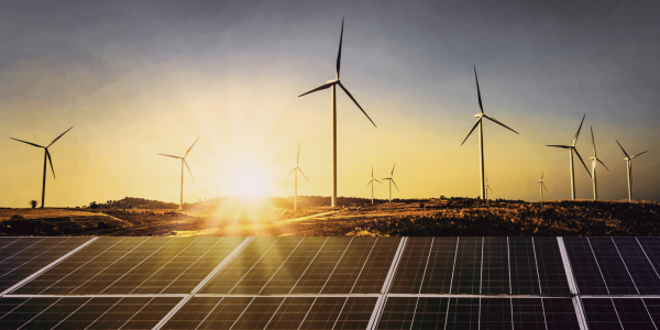 Stock image wind turbines and solar panels